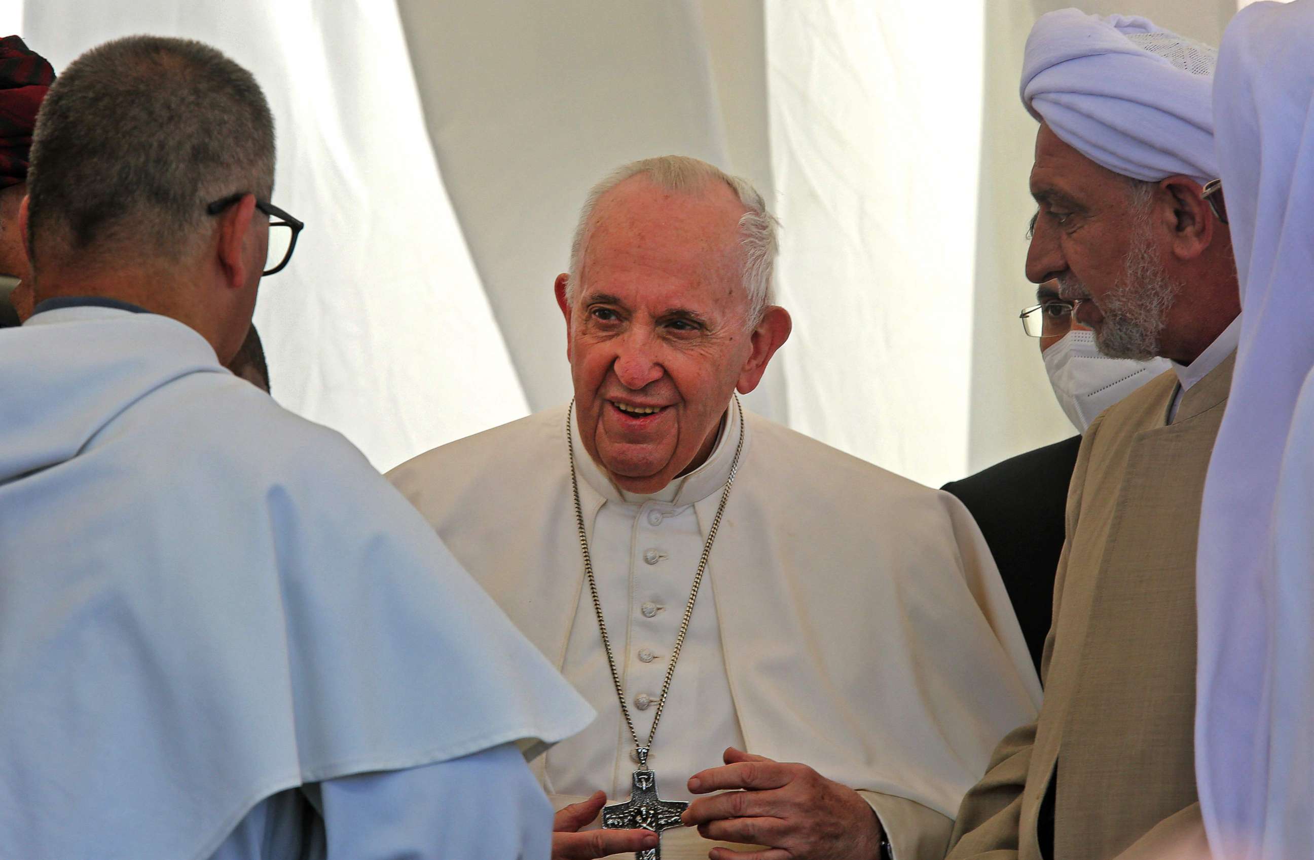 PHOTO: Pope Francis speaks with Iraqi religious figures during an interfaith service at the House of Abraham in the ancient city of Ur in southern Iraq's Dhi Qar province, on March 6, 2021.