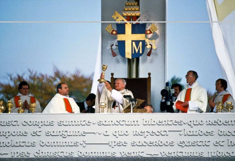 PHOTO: In this file photo, Pope John Paul II celebrates Mass and offers up the gold chalice at an outdoor ceremony, Sept. 29, 1979, in Knock, Ireland.