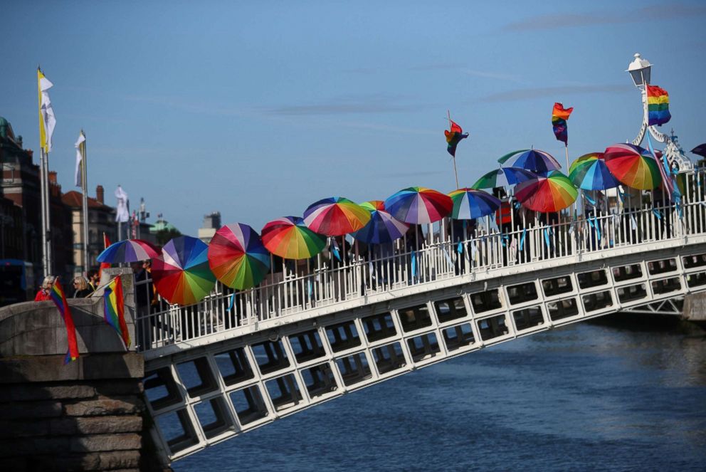 PHOTO: Protesters demonstrate on the Ha'Penny Bridge during the visit of Pope Francis in Dublin, Ireland, Aug. 25, 2018.