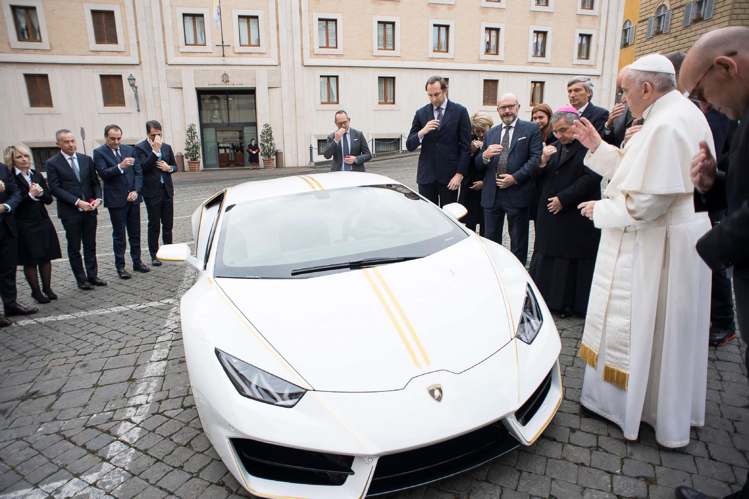 PHOTO: Pope Francis blesses a Lamborghini Huracan which was gifted to him from the Italian car company, Nov. 15, 2017, at the Vatican and released by the Vatican press office, Osservatore Romano.