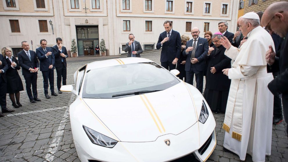 PHOTO: Pope Francis blesses a Lamborghini Huracan which was gifted to him from the Italian car company, Nov. 15, 2017, at the Vatican and released by the Vatican press office, Osservatore Romano.