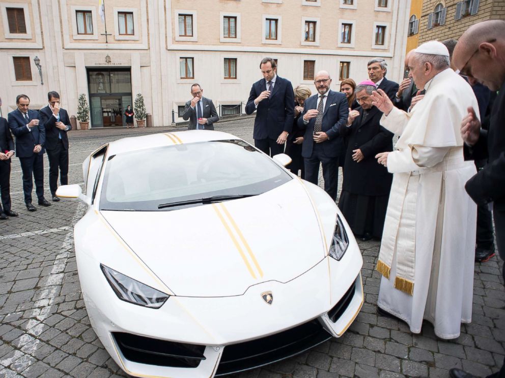 PHOTO: Pope Francis blesses a Lamborghini Huracan which was gifted to him from the Italian car company, Nov. 15, 2017, at the Vatican and released by the Vatican press office, Osservatore Romano.