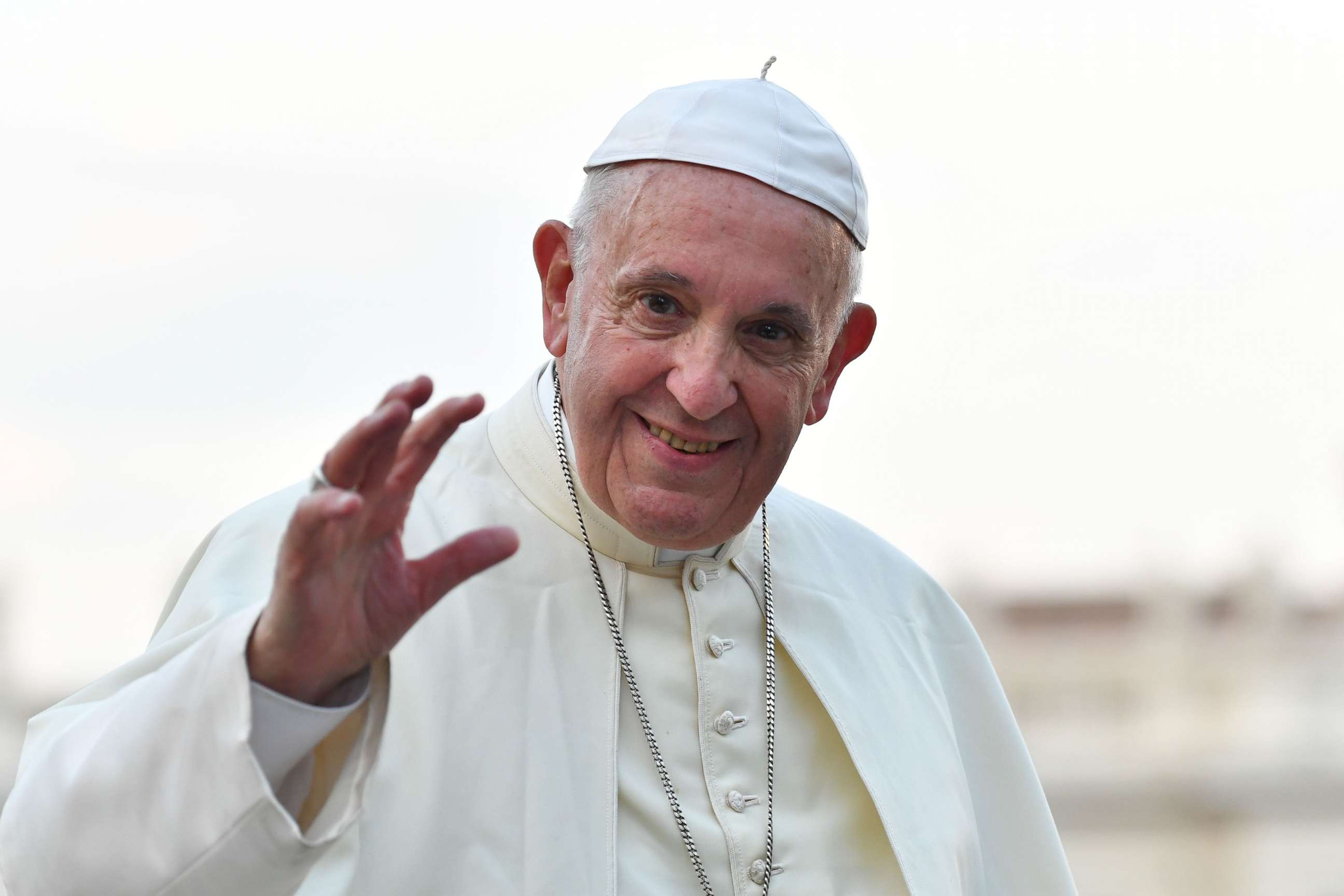 PHOTO: Pope Francis waves during his audience for members of the International Pilgrimage of the Ministrants at St Peter's Square on July 31, 2018 in Vatican City.