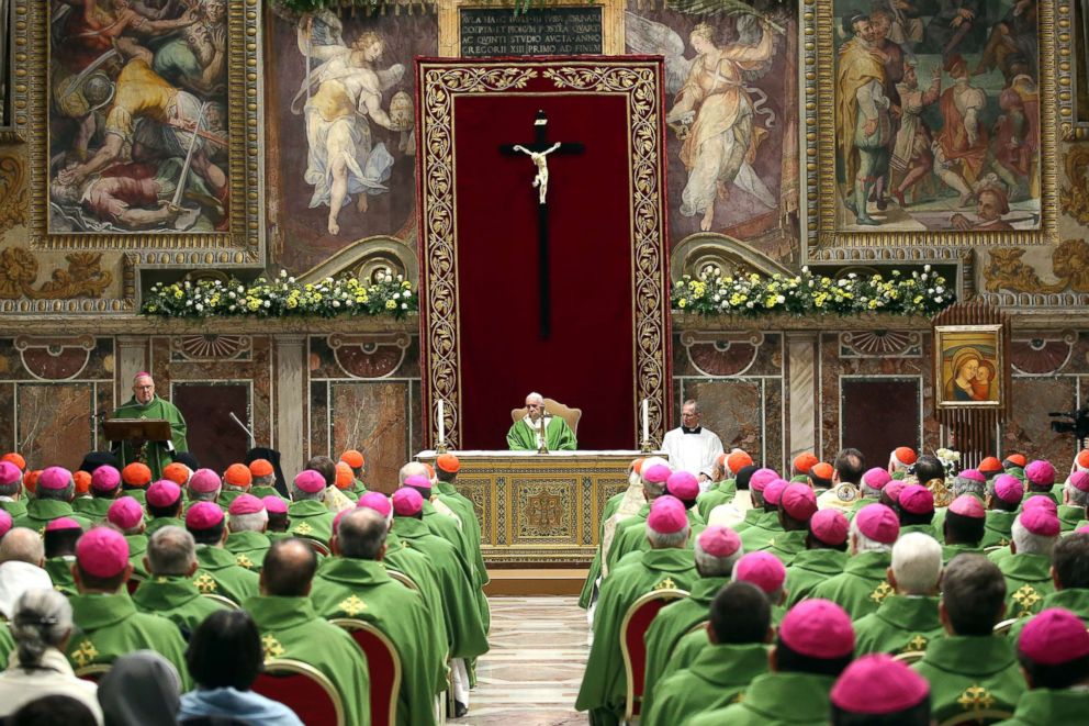 PHOTO: Pope Francis, flanked by cardinals and bishops, attends a closing  Mass of  'The Protection Of Minors In The Church' meeting on Feb. 24, 2019, in Vatican City, Vatican.