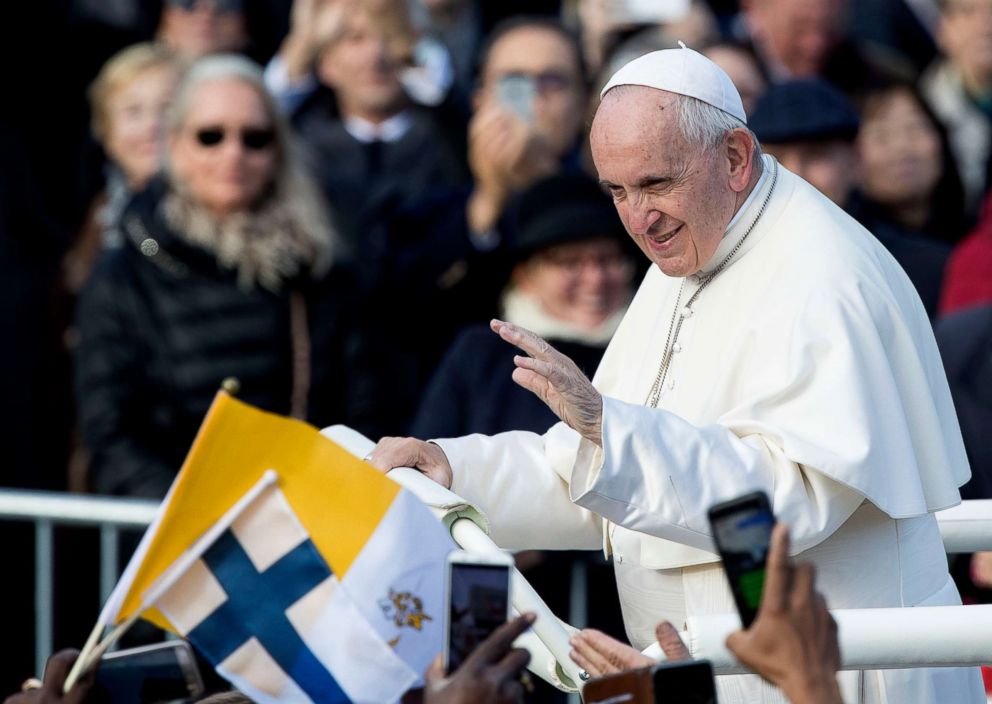 PHOTO: Pope Francis greets people as he arrives for a Holy Mass at the Freedom square in Tallinn, Estonia, Sept. 25, 2018. Pope Francis arrived in Estonia for a one-day visit Tuesday.