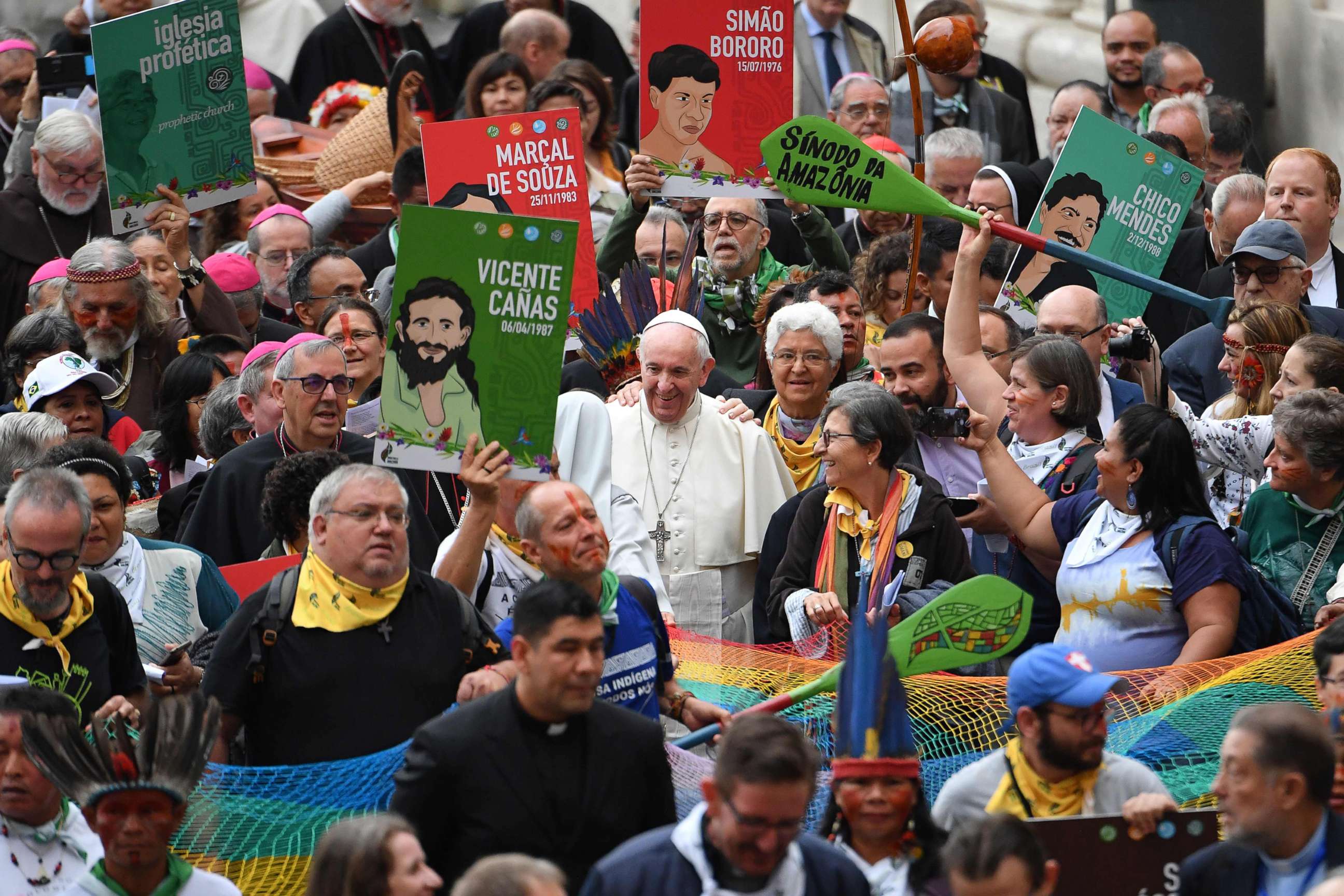 PHOTO: Representatives of the Amazon Rainforest's ethnic groups and Pope Francis march in procession during the opening of the Special Assembly of the Synod of Bishops for the Pan-Amazon Region, Oct. 7, 2019, outside St. Peter's Basilica in the Vatican.