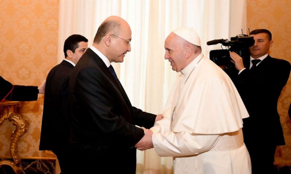 PHOTO: Iraq's President Barham Salih meets with Pope Francis during a ceremony at the presidental palace in Baghdad on March 5, 2021.