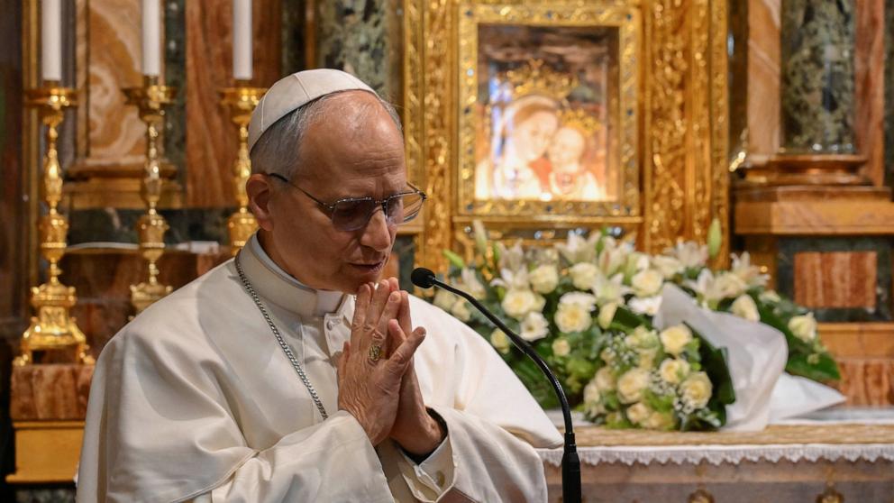 PHOTO: Pope Leo XIV gestures during a surprise visit at the Sanctuary of the Mother of Good Counsel in Genazzano, Rome, Italy, May 10, 2025. 