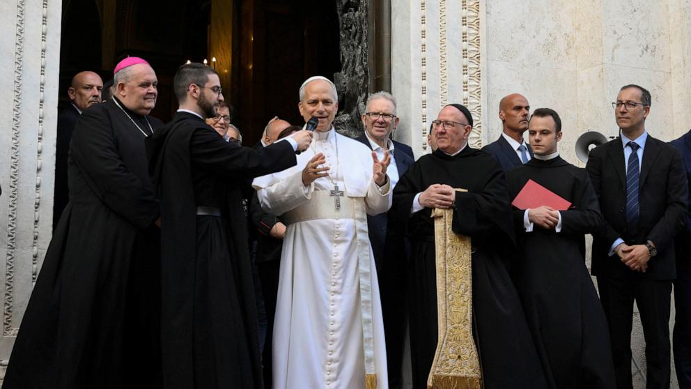 PHOTO: Pope Leo XIV speaks during a surprise visit at the Sanctuary of the Mother of Good Counsel in Genazzano, Rome, Italy, May 10, 2025.