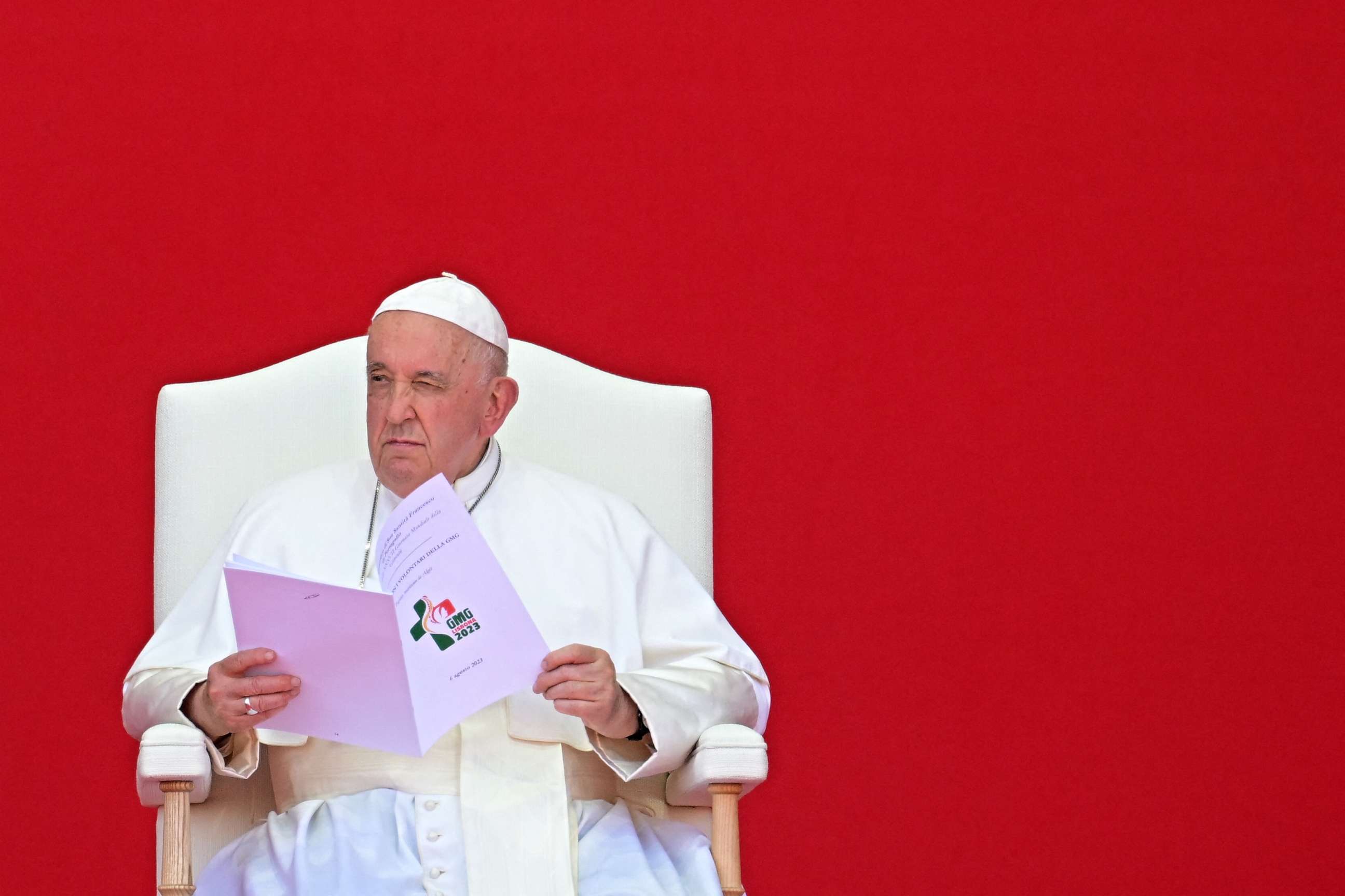 PHOTO: Pope Francis holds a meeting with volunteers of the World Young Day in Alges, near Lisbon, Portugal, on August 6, 2023.