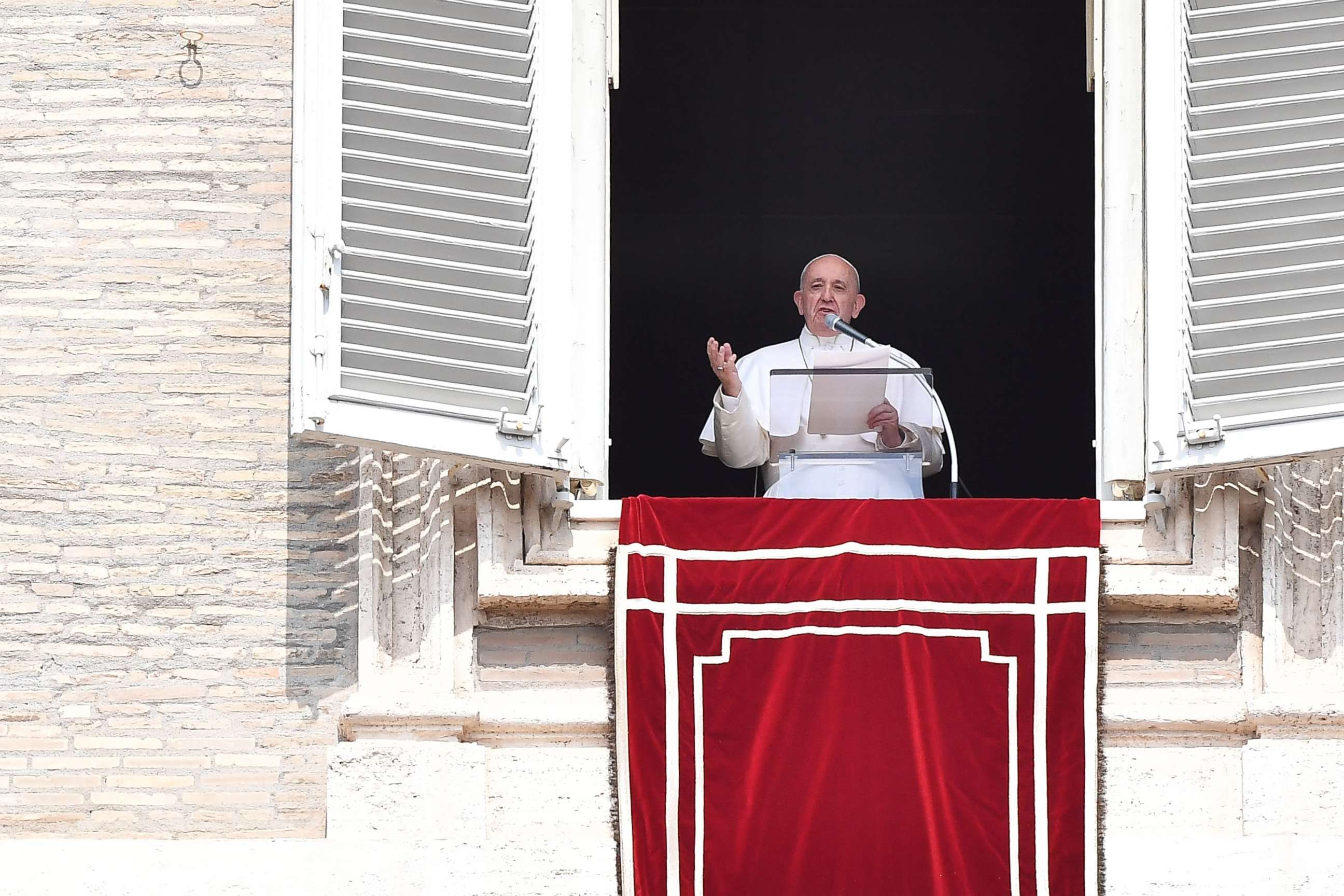 PHOTO: Pope Francis speaks from the window of the apostolic palace overlooking St. Peter's square during the weekly Angelus prayer on Sept. 1, 2019 at the Vatican. He had been stuck in an elevator for about 25 minutes.