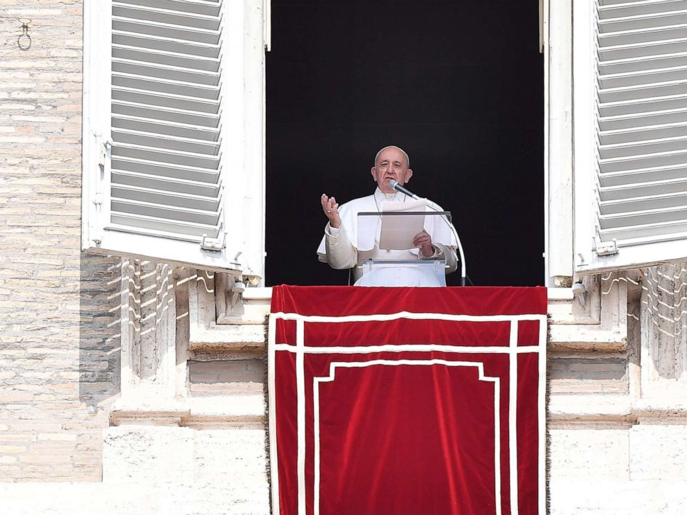 PHOTO: Pope Francis speaks from the window of the apostolic palace overlooking St. Peters square during the weekly Angelus prayer on Sept. 1, 2019 at the Vatican. He had been stuck in an elevator for about 25 minutes.