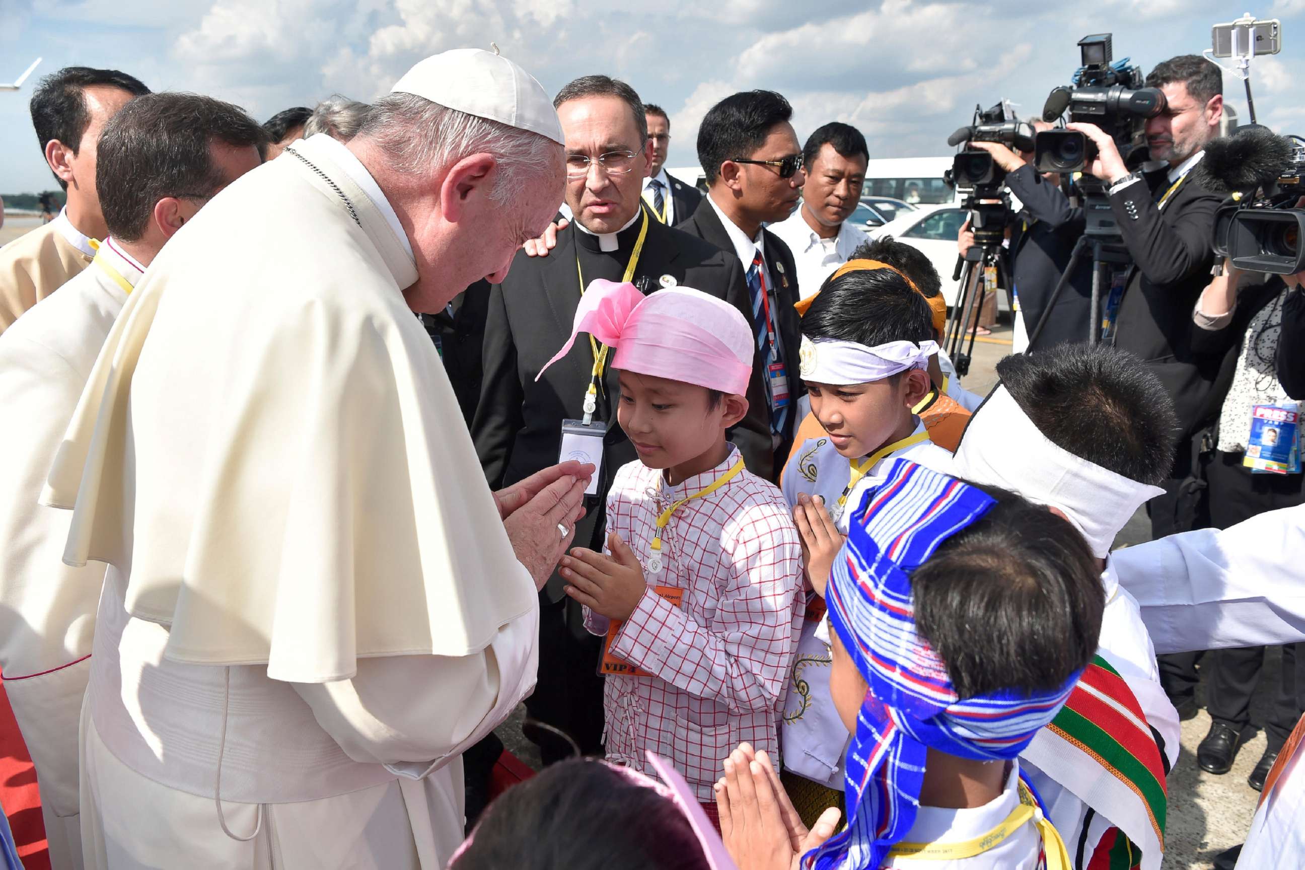 PHOTO: Pope Francis is welcomed as he arrives at Yangon International Airport in Myanmar, Nov. 27, 2017.