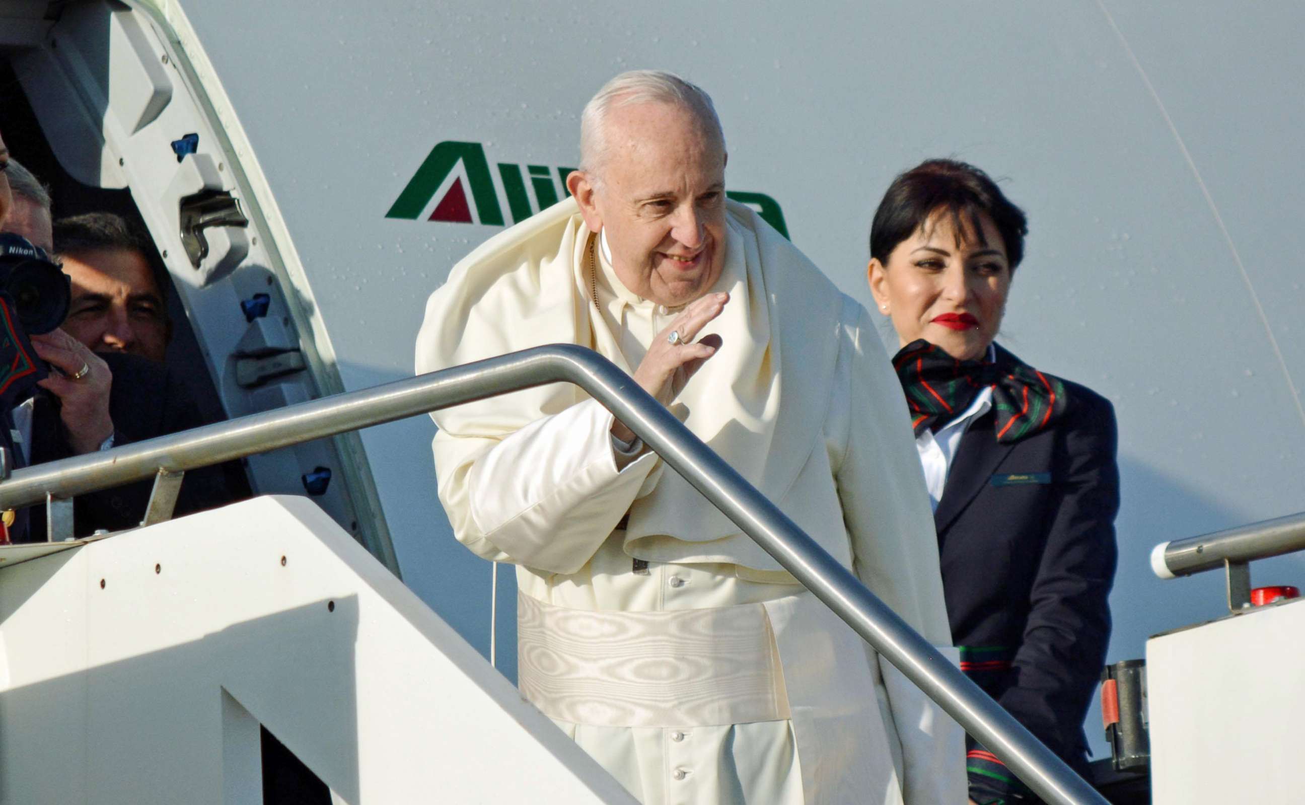 PHOTO: Pope Francis waves as he boards a plane on his way to Panama, at Rome's Leonardo Da Vinci international airport, in Fiumicino, Italy, Jan. 23,  2019.