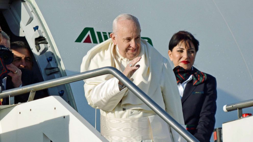 PHOTO: Pope Francis waves as he boards a plane on his way to Panama, at Rome's Leonardo Da Vinci international airport, in Fiumicino, Italy, Jan. 23,  2019.