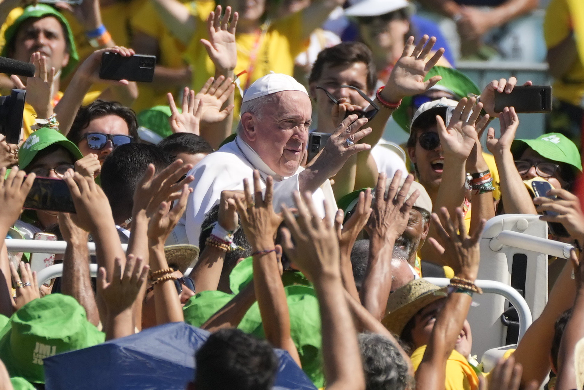 PHOTO: Pope Francis meets with thousands of World Youth Day volunteers near Lisbon, Sunday, Aug. 6, 2023.