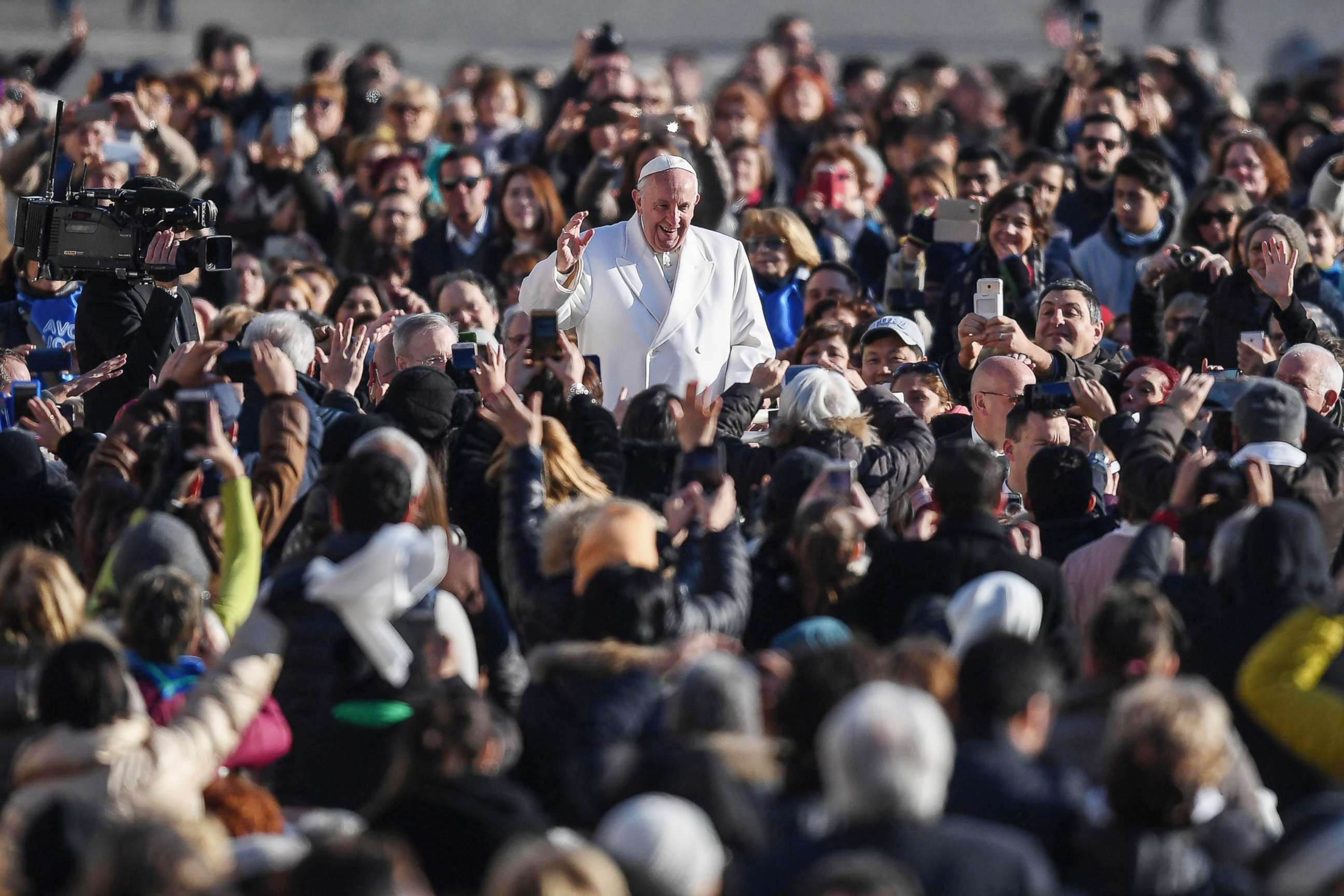 PHOTO: Pope Francis is welcomed by the crowd as he arrives for a general audience in St Peter Square, Vatican City, Jan. 24, 2018.