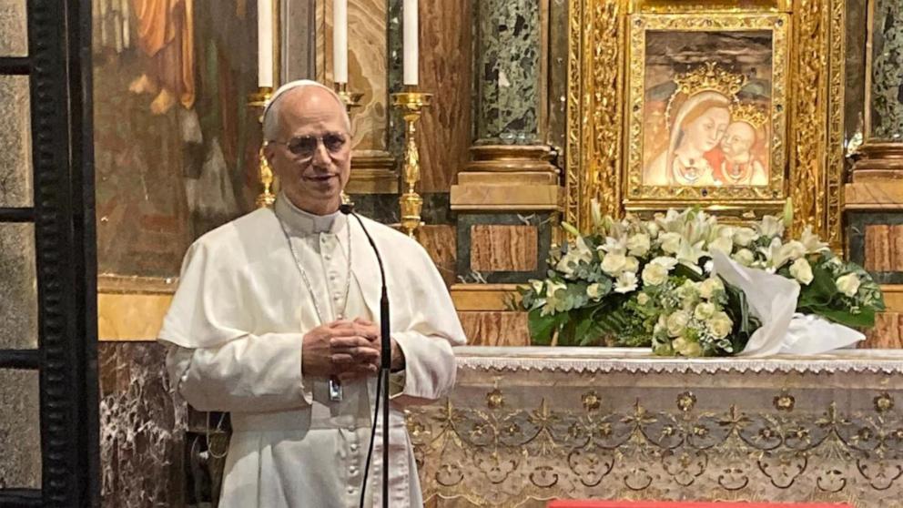 PHOTO: A handout picture provided by the Vatican Media shows Pope Leo XIV (C) during a visit to Sanctuary of the Mother of Good Counsel, in Genazzano, near Rome, May 10, 2025.