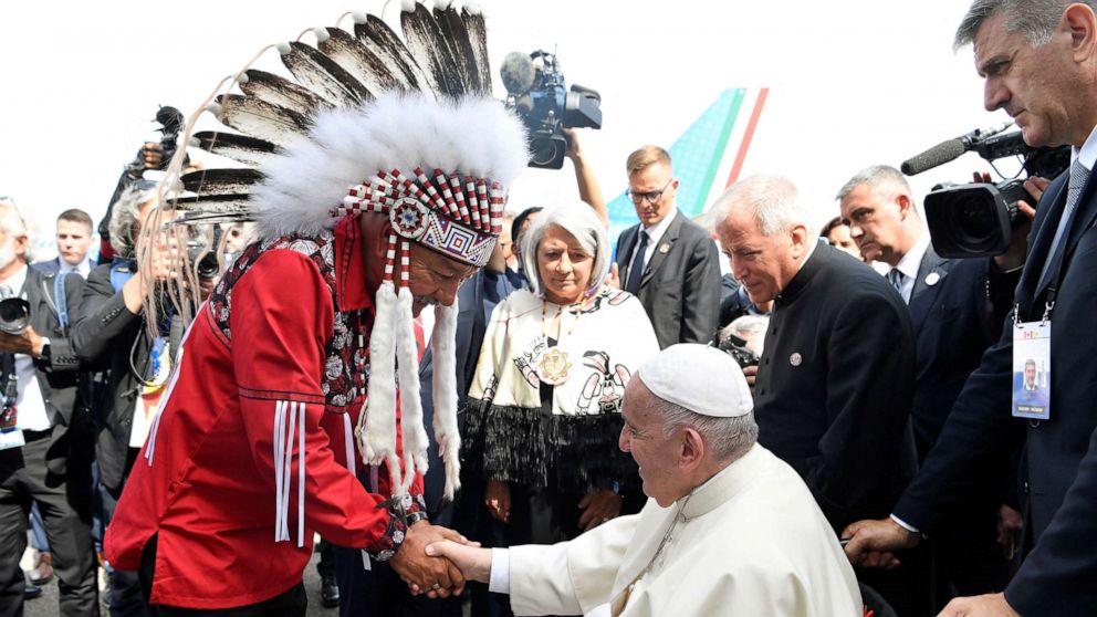 PHOTO: Pope Francis is welcomed after arriving at Edmonton International Airport, near Edmonton, Alberta, Canada, July 24, 2022.