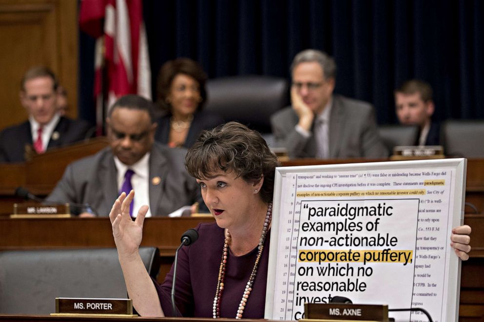 PHOTO: Rep. Katie Porter questions Tim Sloan, president and chief executive officer of Wells Fargo & Co. during a House Financial Services Committee hearing at the U.S. Capitol in Washington, March 12, 2019.