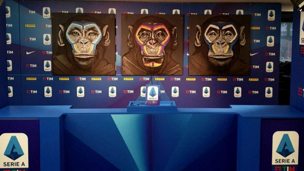 PHOTO: A poster by artist Simone Fugazzotto done as part of Serie A's campaign against racism features images of three monkeys.
