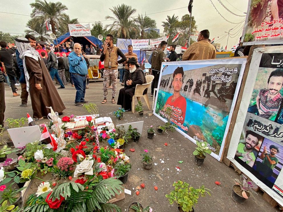 PHOTO: Posters of protesters who have been killed in ongoing anti-government demonstrations are displayed in Tahrir Square in Baghdad, Iraq, Dec. 12, 2019. 