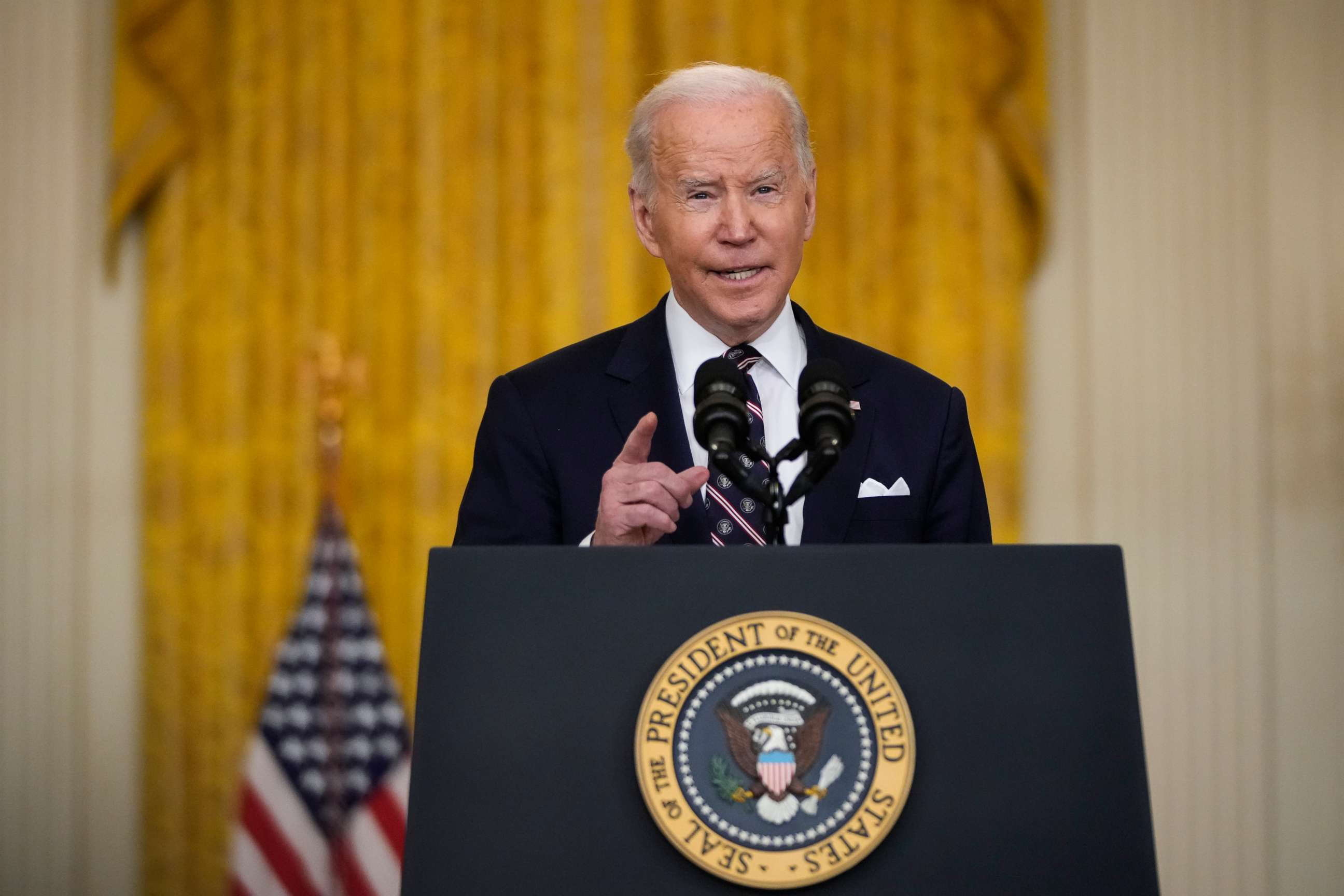 PHOTO: President Joe Biden delivers remarks on developments in Ukraine and Russia, and announces sanctions against Russia, from the East Room of the White House, Feb. 22, 2022, in Washington, DC.