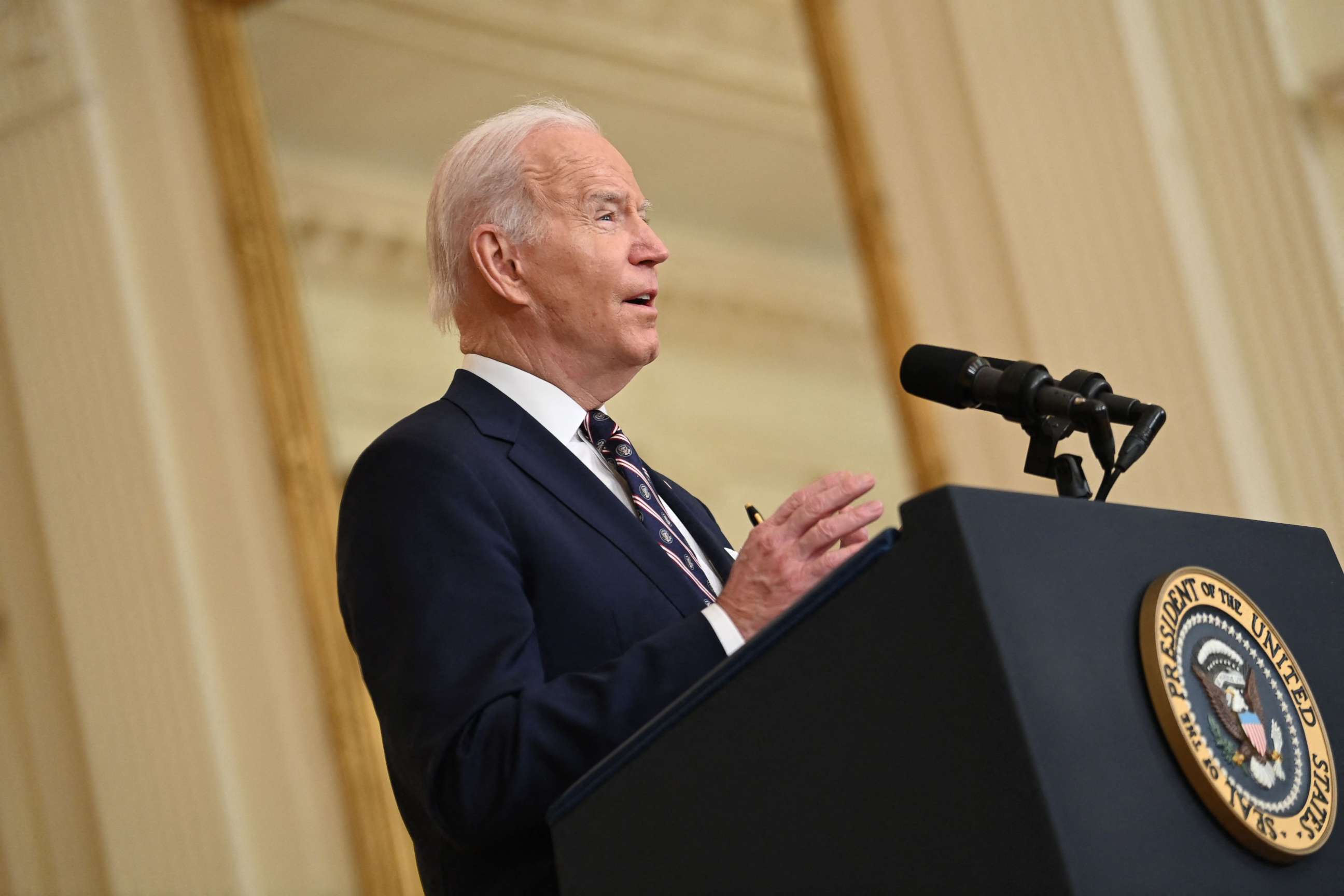 PHOTO: President Joe Biden speaks in the East Room of the White House about Russian military activity near Ukraine, Feb. 22, 2022, in Washington, DC.