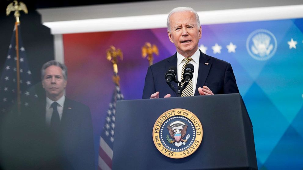 PHOTO:  President Joe Biden speaks on the crisis in Ukraine during an event at Eisenhower Executive Office Building near the White House, at rear is Secretary of State Antony Blinken, in Washington, March 16, 2022.