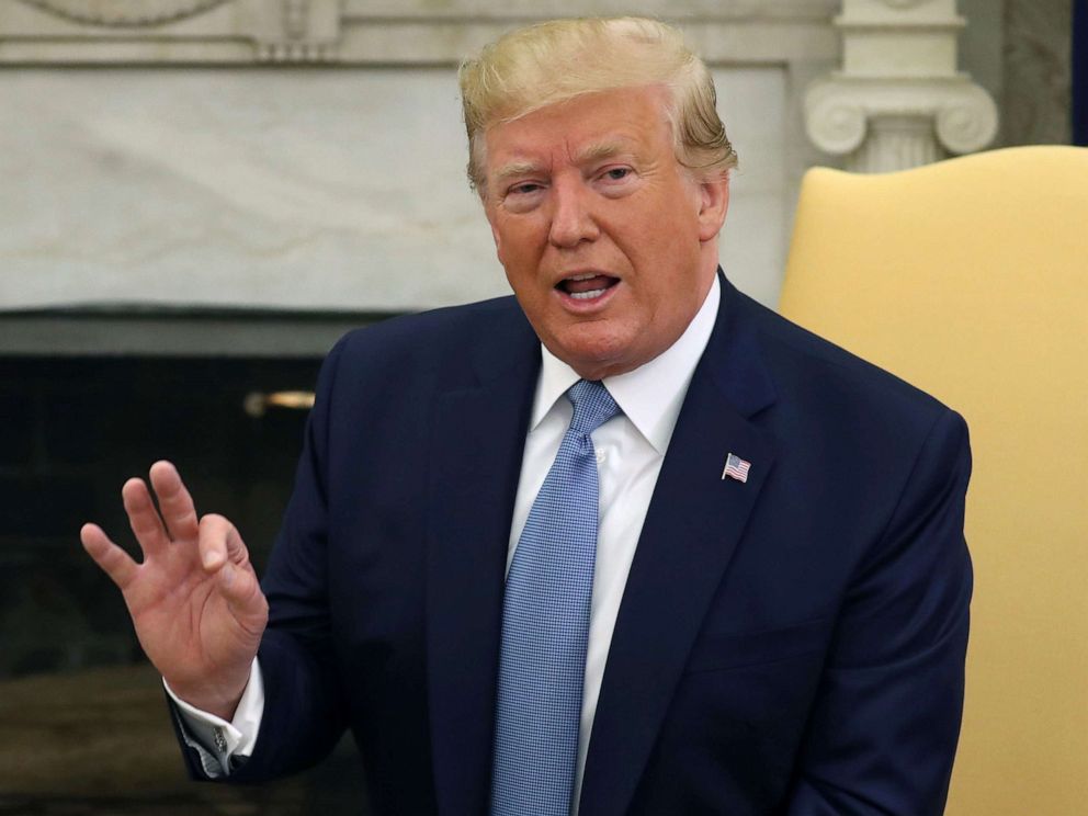 PHOTO: President Donald Trump speaks at a meeting in the Oval Office at the White House, July 22, 2019, in Washington.