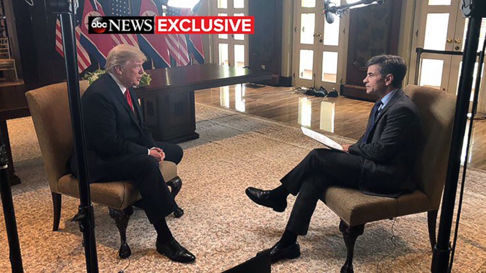 PHOTO: President Donald Trump talks to ABC News' George Stephanopoulos after a historic summit with North Korea's Kim Jong Un at the Capella Hotel on Sentosa island in Singapore, June 12, 2018.