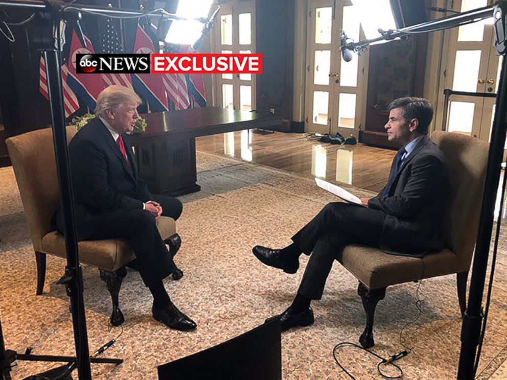 PHOTO: President Donald Trump talks to ABC News' George Stephanopoulos after a historic summit with North Korea's Kim Jong Un at the Capella Hotel on Sentosa island in Singapore, June 12, 2018.