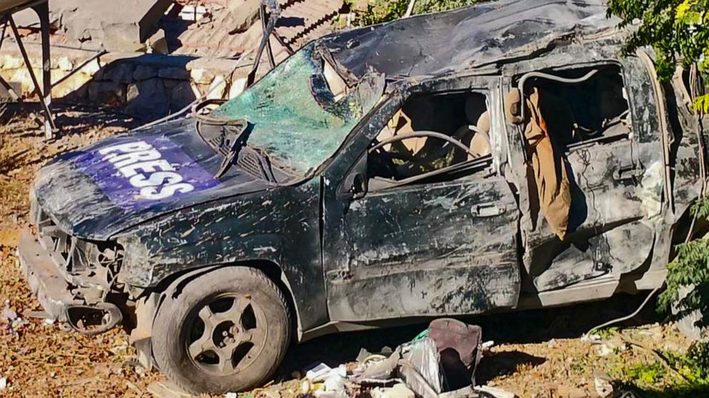 PHOTO: This picture shows a car marked "Press" at the site of an Israeli airstrike that targeted an area where a number of journalists were located in the southern Lebanese village of Hasbaya on Oct. 25, 2024. 