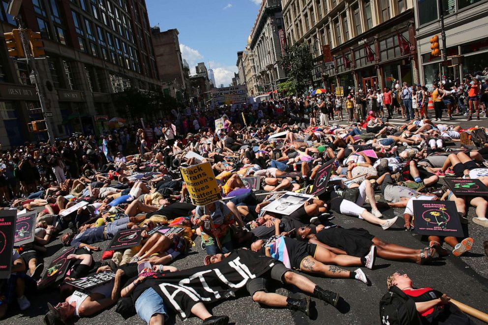 PHOTO: Activists lie on Sixth Avenue during the Queer Liberation March on June 30, 2019 in New York. The march marks the 50th anniversary of the Stonewall riots on June 28, 1969, widely considered a watershed moment in the modern gay-rights movement.