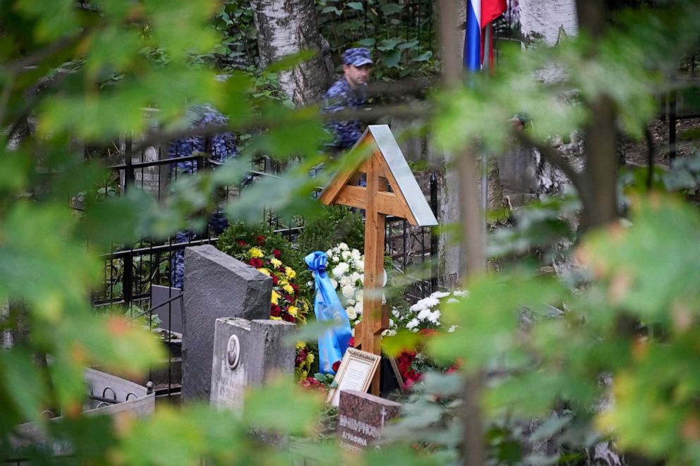 PHOTO: Flowers are seen on the grave of Wagner Group's chief Yevgeny Prigozhin after a funeral at the Porokhovskoye cemetery in St. Petersburg, Russia, Tuesday, Aug. 29, 2023.