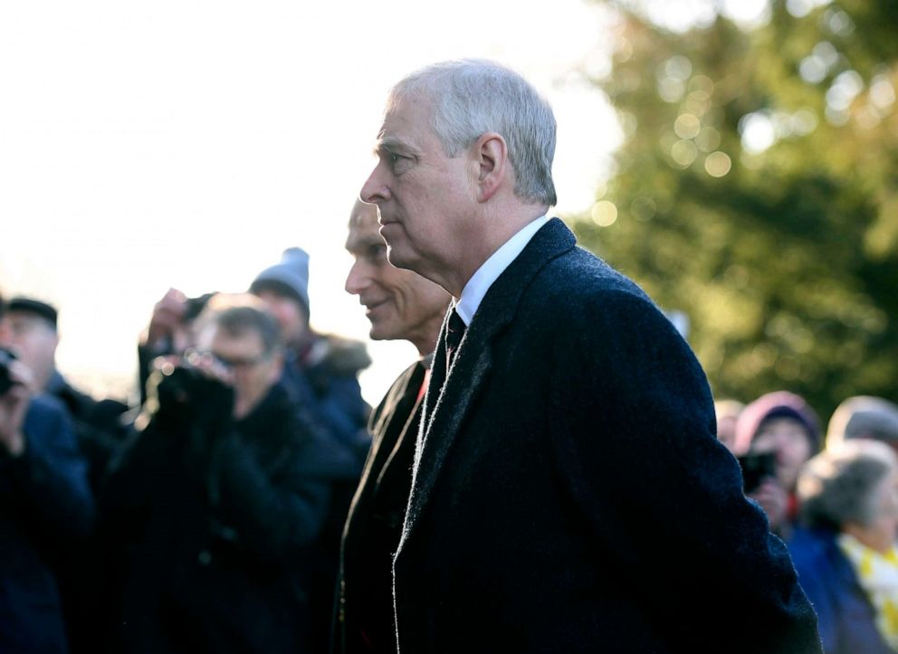 PHOTO: Britain's Prince Andrew accompanies Queen Elizabeth II to attend a church service at St Mary the Virgin, in Hillington, England, Jan. 19, 2020.