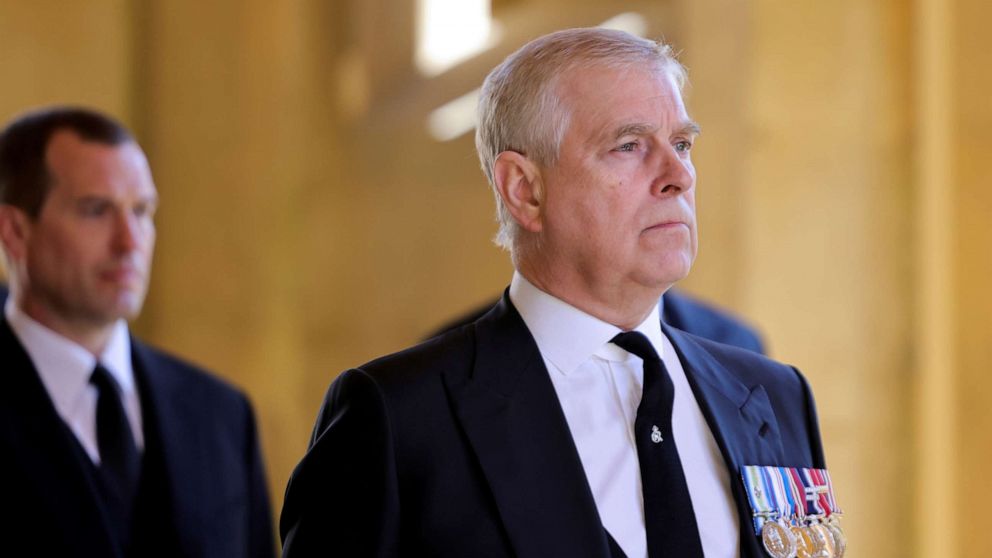 FILE PHOTO: Britain's Britain's Prince Andrew, Duke of York, looks on during the funeral of Britain's Prince Philip, husband of Queen Elizabeth, who died at the age of 99, on the grounds of Windsor Castle in Windsor, Britain, April 17, 2021.