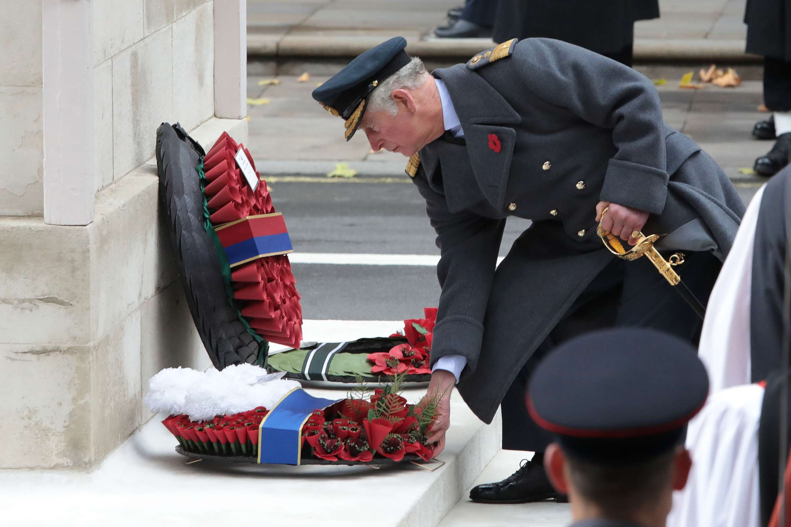 PHOTO: Prince Charles, Prince of Wales lays a wreath at the annual Remembrance Sunday memorial at the Cenotaph on Whitehall, Nov. 12, 2017 in London.