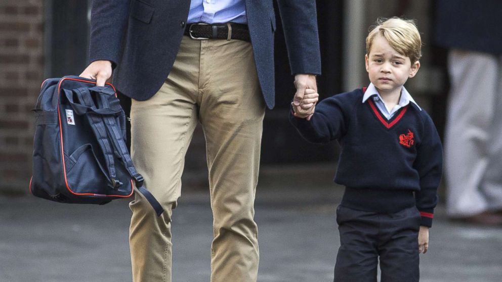 PHOTO: Prince George of Cambridge arrives for his first day of school with his father Prince William, Duke of Cambridge at Thomas's Battersea, Sept. 7, 2017 in London. 