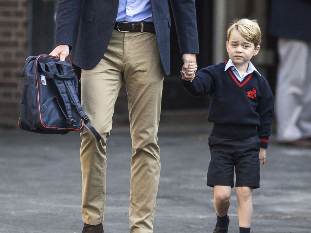 PHOTO: Prince George of Cambridge arrives for his first day of school with his father Prince William, Duke of Cambridge at Thomass Battersea, Sept. 7, 2017 in London.