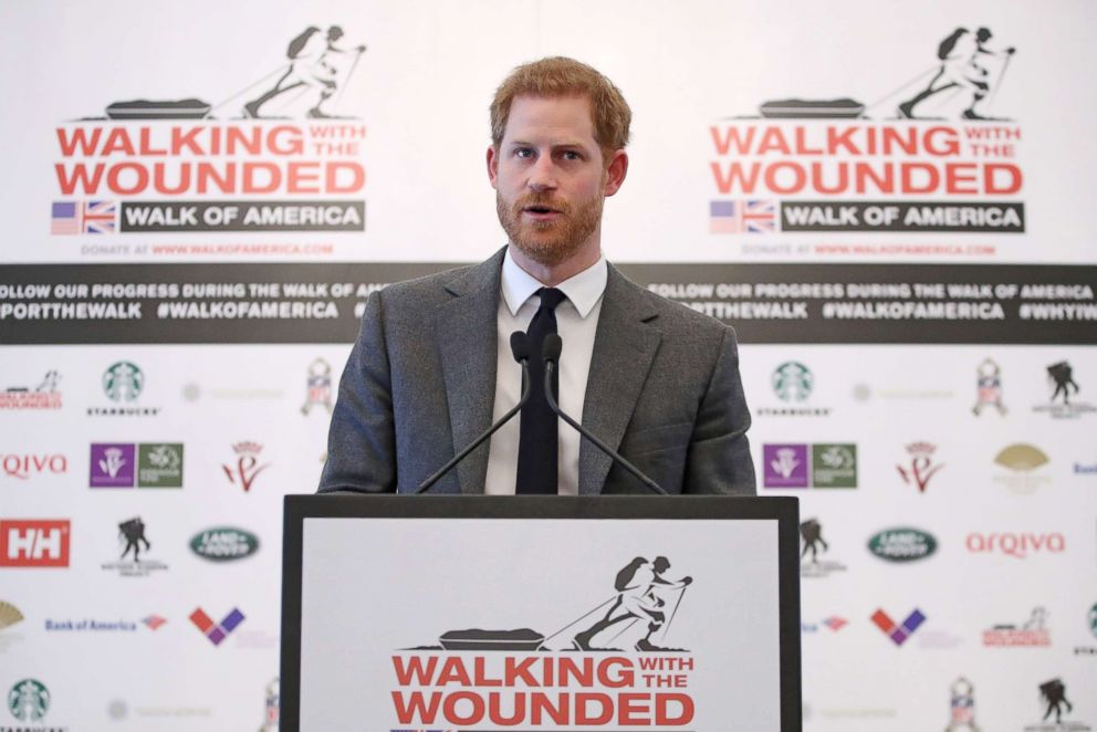 PHOTO: Britain's Prince Harry speaks during the launch of 'Walk Of America' at a hotel in London on April 11, 2018.