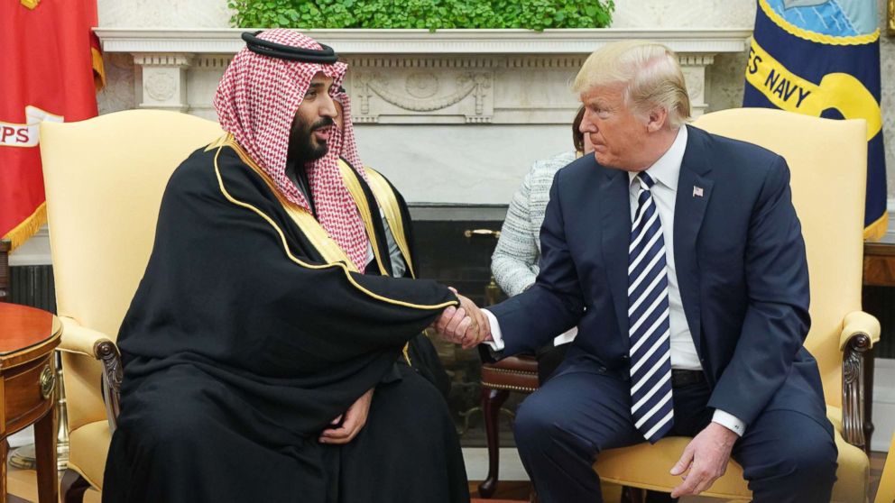 PHOTO: President Donald Trump shakes hands with Saudi Arabia's Crown Prince Mohammed bin Salman in the Oval Office of the White House, March 20, 2018, in Washington, DC.