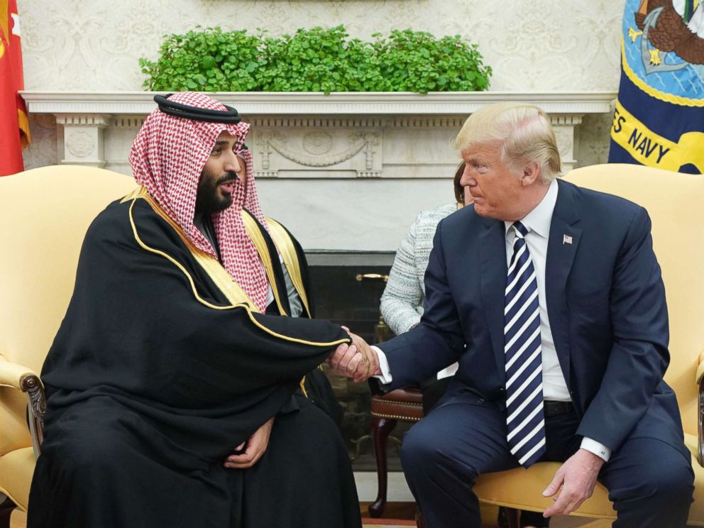 PHOTO: President Donald Trump shakes hands with Saudi Arabia, Crown Prince Mohammed bin Salman, in the White House's oval office on March 20, 2018, in Washington, DC.