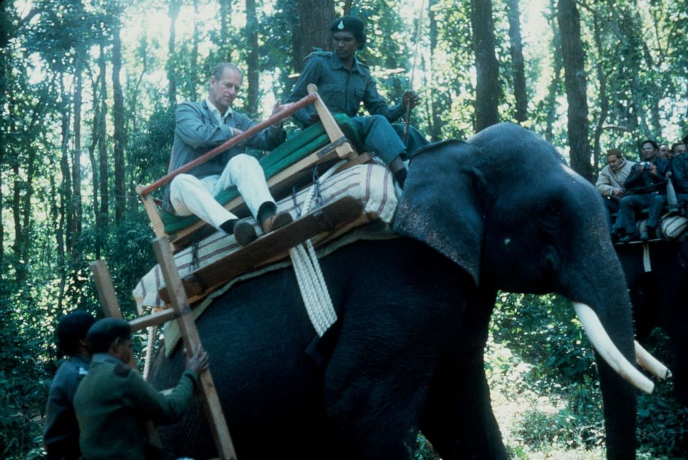 PHOTO: Prince Philip, Duke of Edinburgh rides an elephant in the Kanha Game Reserve in India, on Nov. 21, 1983. He is going to inspect tigers in a reserve sponsored by the World Wildlife Fund.