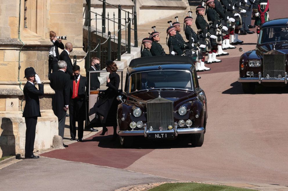 PHOTO: Britain's Catherine, Duchess of Cambridge  arrives at St George's Chapel on the grounds of Windsor Castle on the day of the funeral of Britain's Prince Philip, in Windsor, England, April 17, 2021.
