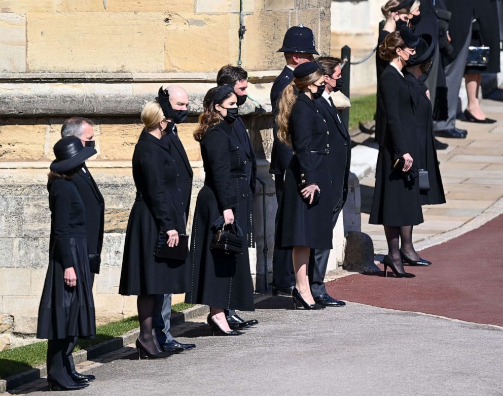 PHOTO: Catherine Duchess of Cambridge (right) and family members await the arrival of the coffin at
the funeral of Prince Philip, Duke of Edinburgh, Guard Room Roof, Windsor Castle, Windsor, England, April 17, 2021.