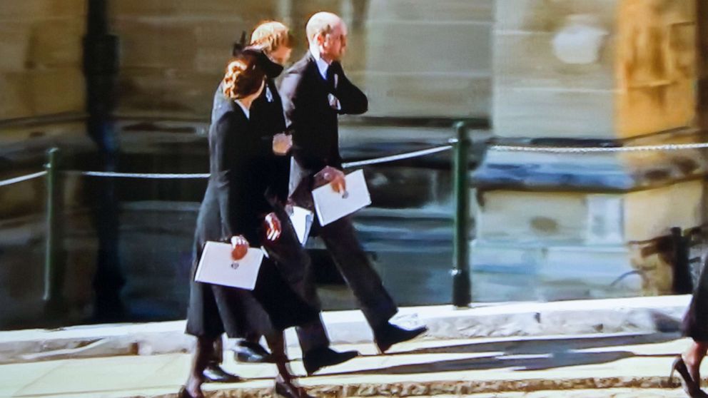 PHOTO: Prince Harry and Prince William leave the ceremony together after Prince Philip's funeral in Windsor, England, April 17, 2021.