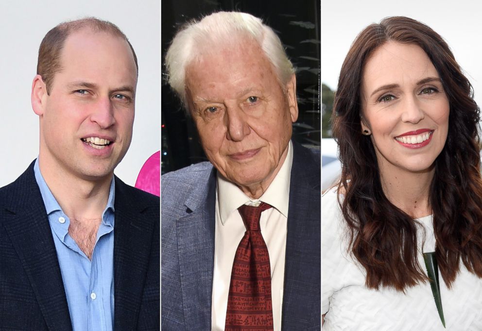 PHOTO: From left, Prince William, Duke of Cambridge, Sir David Attenborough, and New Zealand Prime Minister Jacinda Arden are planning to attend the 2019 World Economic Forum in Davos, Switzerland.
