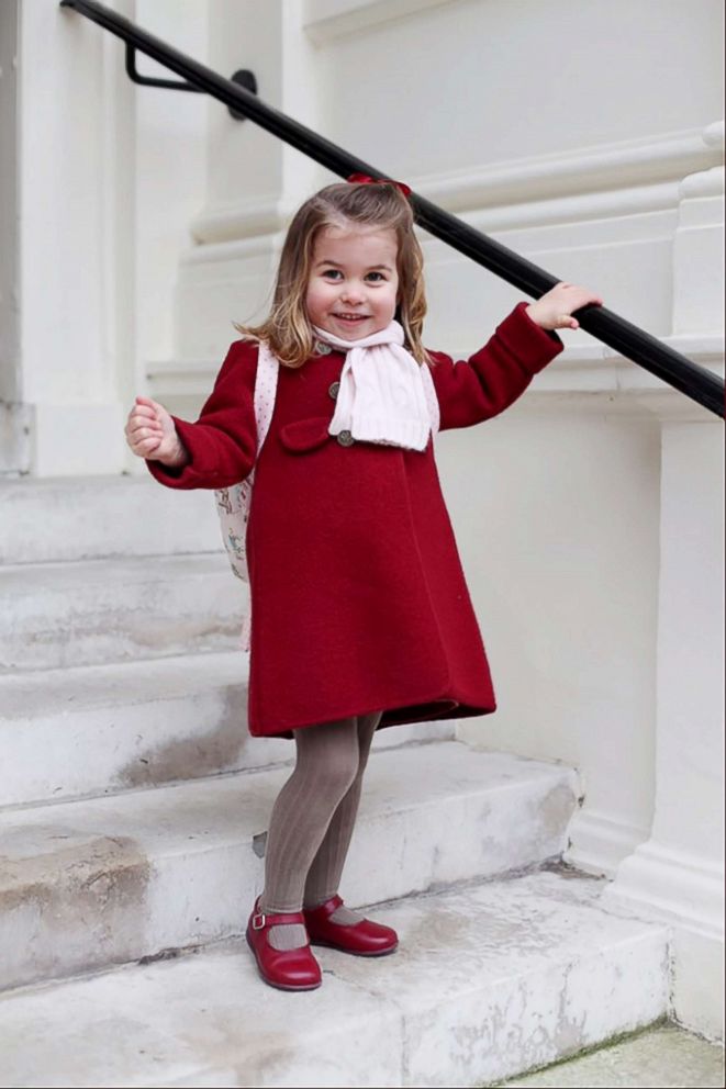 PHOTO: Britain's Princess Charlotte stands on the steps at Kensington Palace before she left for her first day of nursery at the Willcocks Nursery School in a photograph taken taken by her mother in London, Jan. 8, 2018.