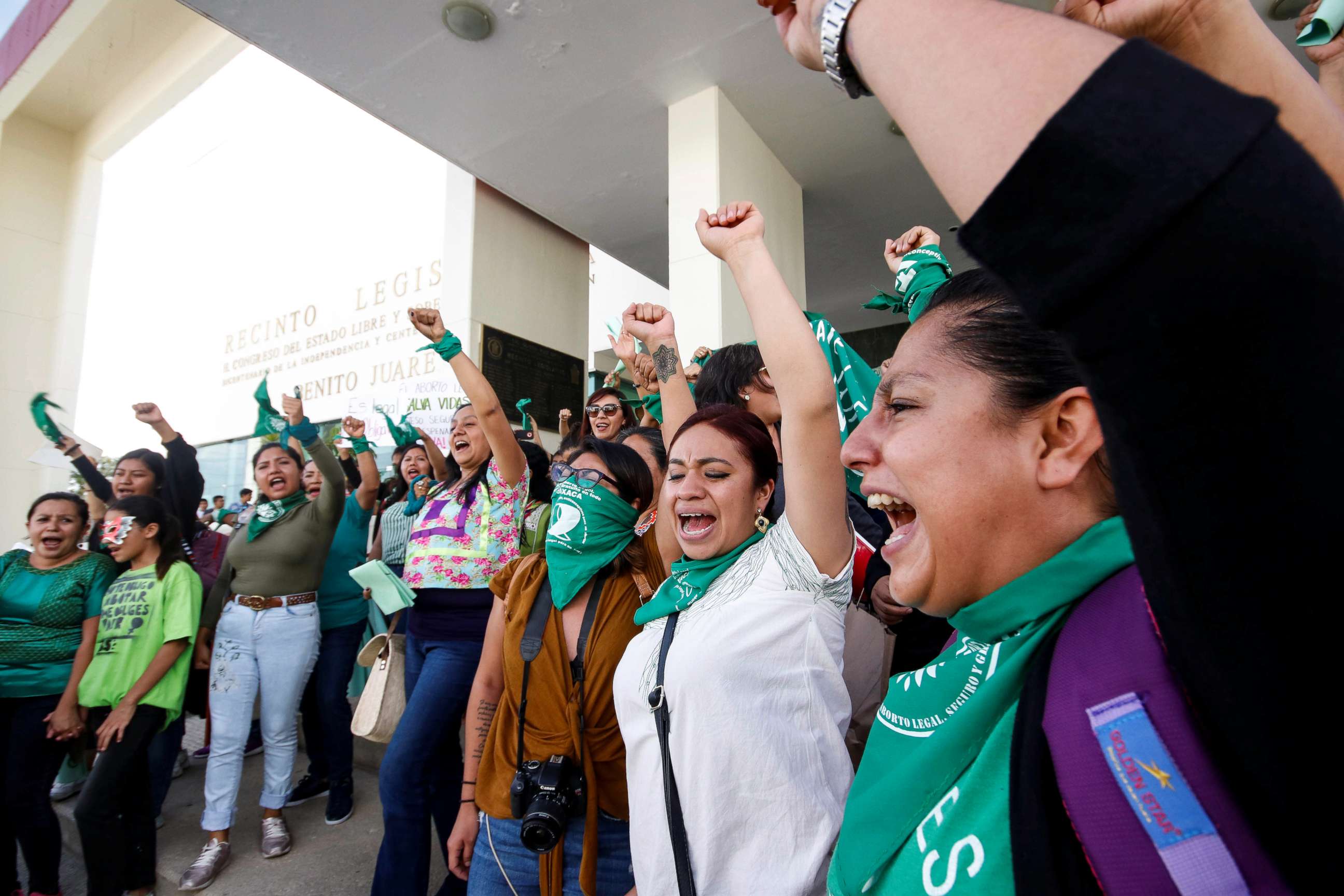 PHOTO: Pro-choice demonstrators celebrate after lawmakers passed a legislation that decriminalizes abortion, outside the local congress in Oaxaca, Mexico Sept. 25, 2019.